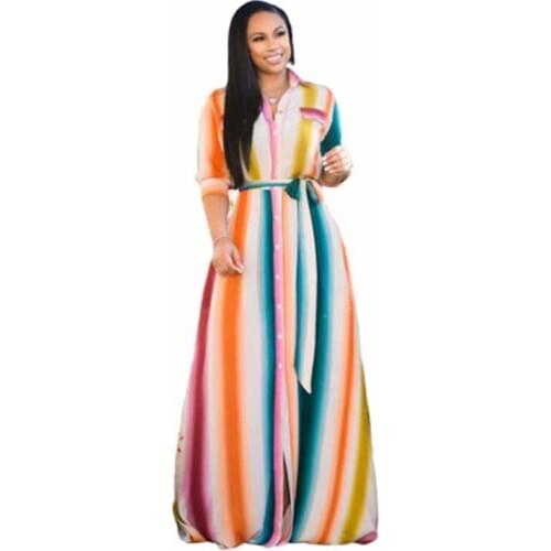 Plus size 5XL Bohemia Summer Dress Women Color Stripe Print Long Dresses Female Single-breasted Belt Slim Maxi Dresses Vestidos