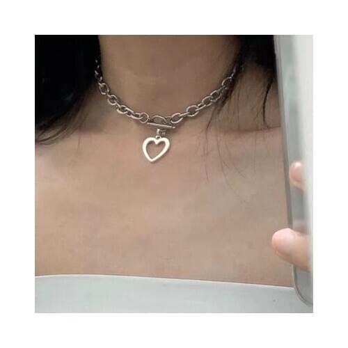 Punk Thick Lock Chain Heart Shape Pendant Short Choker Necklace for Women Retro INS Gold Silver Color Metal Necklace Jewelry