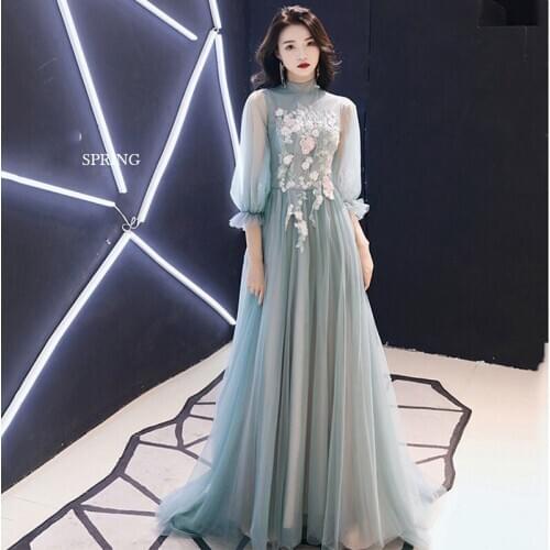 2021 New Evening Dress High Neck Half Sleeve Flower Long Noble Banquet Temperament Dress Lace Up Slim Party Dress Robe De Soiree