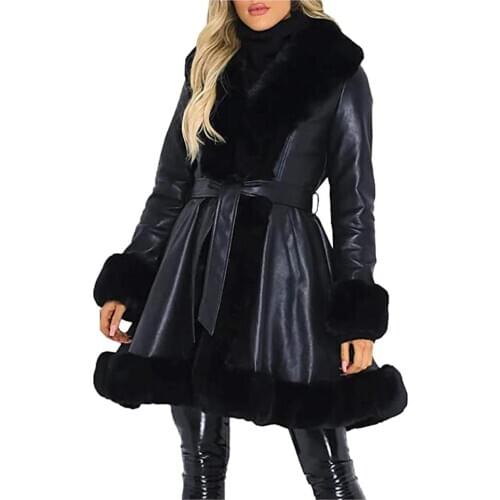 Winter Warm Faux Leather Coat Fashion Woam Streetwear Thick Turn-Down Collar Long Outerwear Elegant Solid Color Jackets