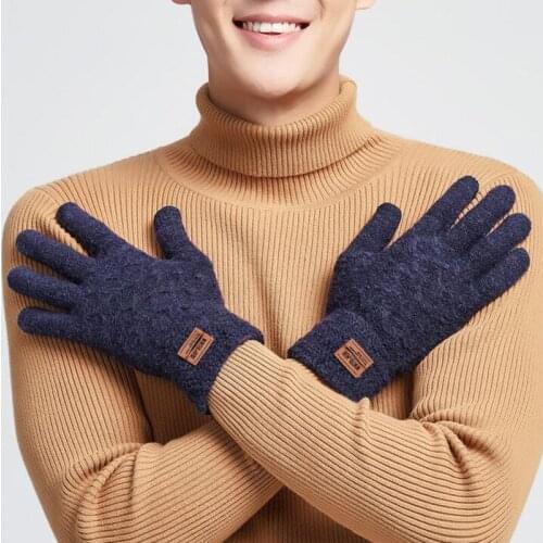 Winter Full Finger Touch Screen Thicken Nonslip Cycling Warm Mittens Men Mesh Pattern Elastic Thicken Knit Driving Gloves C69