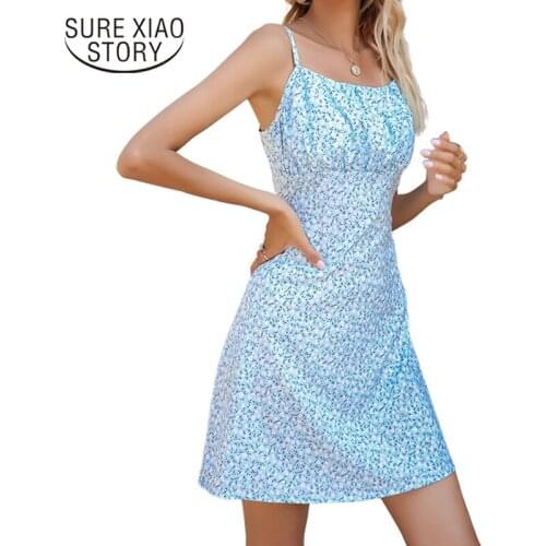 2021 Summer Sexy Strap Chiffon Dress Sleeveless Printing Mini Dress Floral Evening Dresses Clothing Robe Femme 14988