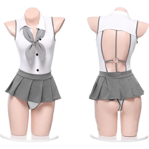 Anime School Girls Uniforms Cosplay Sleeveless Hollow Out Backless Bodysuit with Plaid Mini Skirt Tie Sexy Clubwear Drop Ship