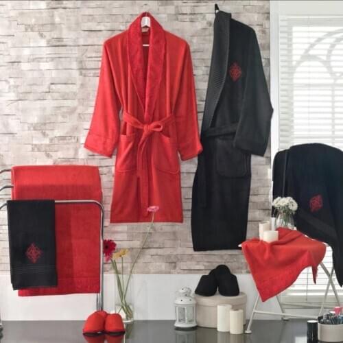 Bamboo & Cotton 8 Piece Family Bathrobe Set | Red-Black | Blue-White| Pomegranate-Gray High Quality Bathrobe Towel Bath Slippers