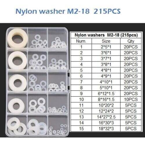 Free shipping 215pcs White Nylon Washer Plastic RingFastener M2/3/M4/M5-M18 Assortment kit O Ring Sicilone Gasket Washer