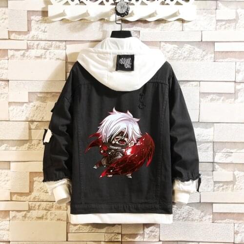 Anime Tokyo Ghoul Jeans Jacket Kaneki Ken Cosplay Denim Jacket Hole Design Autumn Spring Hooded Outwear Coat
