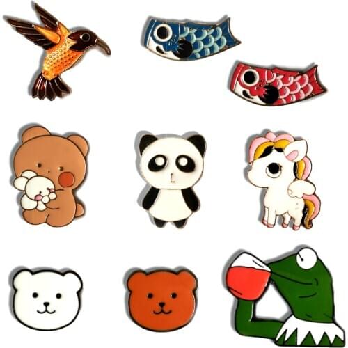 9 Style Animal Shirt Brooch Enamel Pins For Backpacks Panda Bear Frog Horse Bird Fish Lapel Pin Jewelry Badges Gift Wholesale