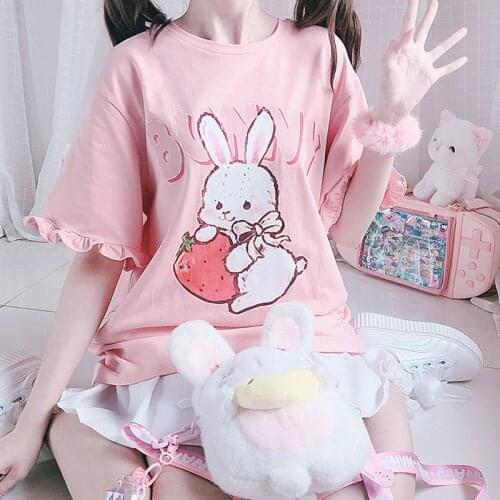 Harajuku Y2k 2021 Summer Short Sleeve O-Neck T-Shirt Pink Kawaii Cherry Print Lace Girls Tops Tee Cute Tshirts Oversized Women