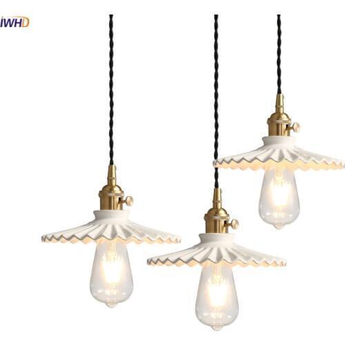 IWHD Nordic White Ceramic Edison Pendant Lamp Beside Dinning Living Room Light Copper Vintage Pendant Lighting Fixtures Hanglamp