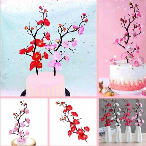 Red Pink Artificial Flowers Plum Blossom Twig Plant Wedding Happy Birthday Party Cake Topper Garden Home Vase Decoration Supply