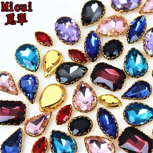 Micui 30PCS Mixed Shape Glass Sew On With Gold Copper Claw Crystal Sew On Claw Rhinestone Glitter Strass For Clothes MC736