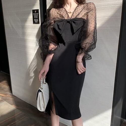 Real shot 2019 new fashion retro autumn design mesh stitching high cold fan dress