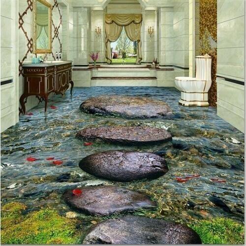 Beibehang Custom Floor Paintings Wallpaper Stone Stream River Bathroom 3D Self-adhesive floor tiles painting Papel de parede