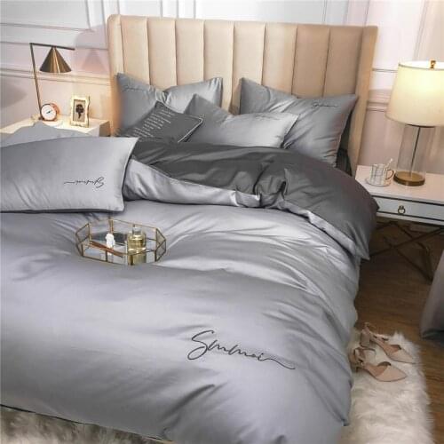 Simple Embroidery Duvet Cover set 600TC Egyptian Cotton Silky Soft Bedding Set Queen Full (1Duvet Cover+1Bed sheet+2Pillowcases)