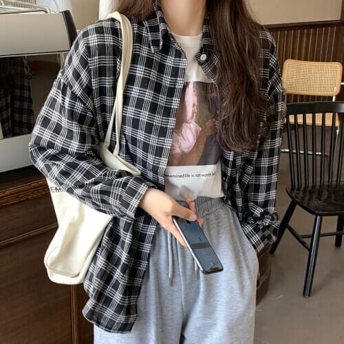 Lucyever Black White Plaid Shirts Coat Womens 2021 Spring Casual All Match Shirt Woman Harajuku Turn-down Collar Oversize Coats