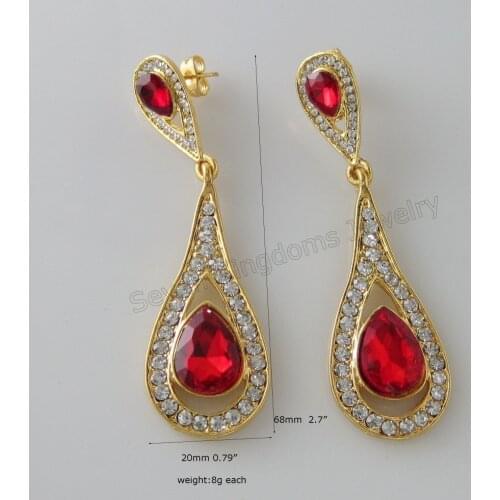 YELLOW GOLD GP OVERLAY FILLED SIMULATED RED CZ STONE WATER DROP CHARM DANGLE 2.7" EARRING GREAT GIFT