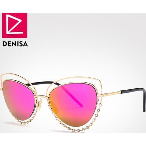 DENISA Retro Red Cat Eye Sunglasses Women Hollowed-out Rhinestone Sun Glasses Girls Glasses Clear UV400 gafas de sol mujer G698