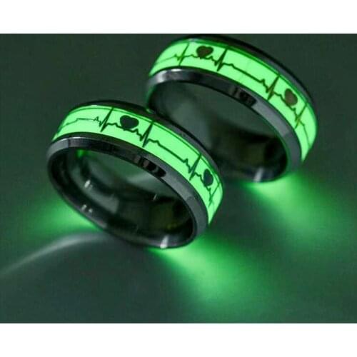 Heartbeat Stainless Steel Luminous Finger Ring For Women Men Fluorescent Glowing In Dark Heart Couple Wedding Bands Jewelry Gift