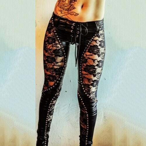 Vintage Plus Size Black Drawstring Hollow Out Leather Skinny Pants Ladies Y2k Spring Winter High Waist Pencil Pant Women Clothes