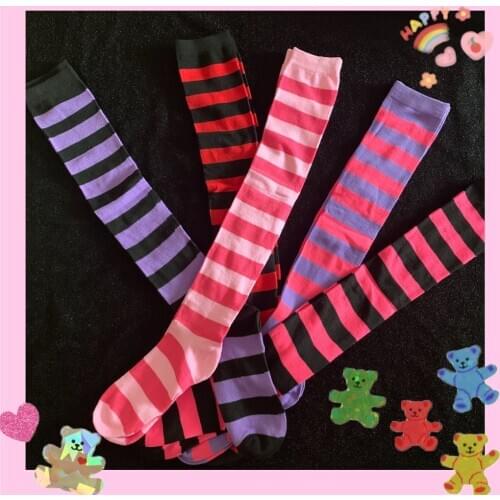 Japanese sweet cool soil cool what SuFeng blue, white, purple and red color stripe knee high socks