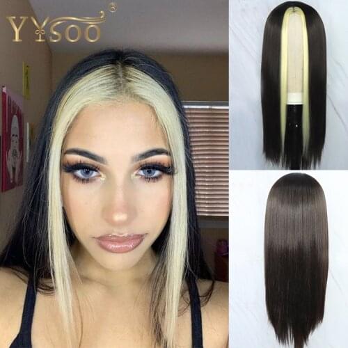 YYsoo Long Black Highlights Yellow Synthetic Hair Wigs Full Machine Made Heat Resistant Fiber Replacement No Lace Cosplay Wigs