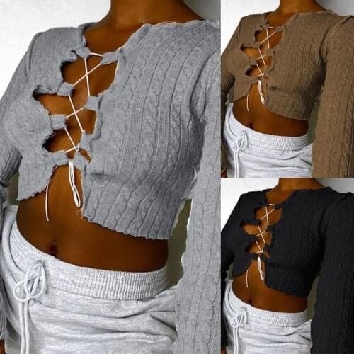 Sexy Hollow Bandage Top WomenS Anti-Car Line Ribbed Knitted T-Shirt WomenS Autumn Club Party Street Casual Top