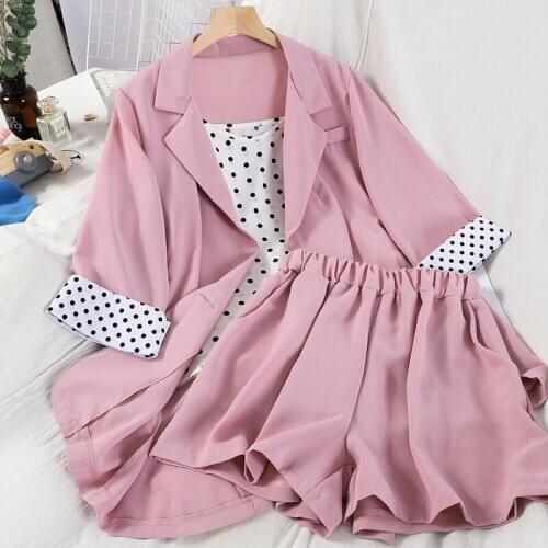 Womens Sets Single Button spliced Thin Blazers Dot Bottoming Sling Elastic High-Waisted Solid Wide-Leg Shorts Three-Piece Suits