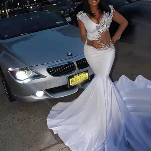 Fashion White New In V-Neck Long Sleeves Natural Mermaid/Trumpet Satin Evening Dresses/Formal Engagement Gowns Free Shipping