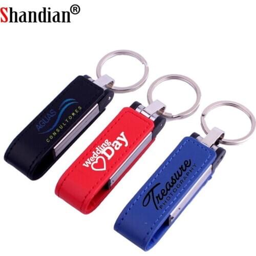 SHANDIAN 10pcs free color printing logo leather metal USB creativo 4GB 8GB 16GB 32GB keychain Pendrive 64GB flash Memory