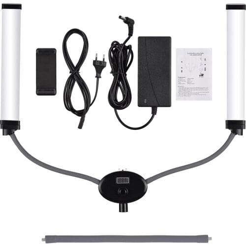 FX-480II Dual Arm LED Video Lamp Fill Lights Bi-Color 3200-5500K with Flexible Hoses LCD Screen Mobile Phone Holder for Studio