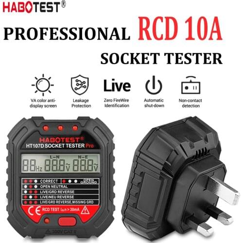 Habotest HT107 Socket Tester Pro Voltage Test RCD 30mA Socket Detector UK EU Plug Ground Zero Line Plug Polarity Phase Check