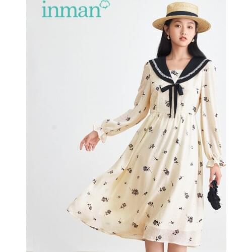 INMAN Autumn Spring Womens Dress Sweet Bow-Knot Tether Navy Collar Pastoral Printing Flared Cuffs A-Line Long Sleeve One-Piece