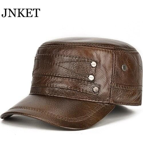 JNKET Retro Mens Genuine Leather Earflaps Hat Flat Cap Winter Warm Army Cap Fleece Lining Cadet Hat Military Hat Casquette