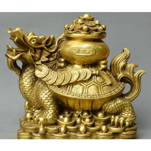 Chinese fengshui old bronze dragon turtle money fortunes treasure bowl statue