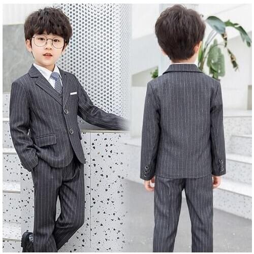 Classic Grey Striped Suits for Boy 3 Pieces Slim Child Prom Dinner Wedding Suits Kids Formal Dress Tuxedo Blazer with Pants Vest