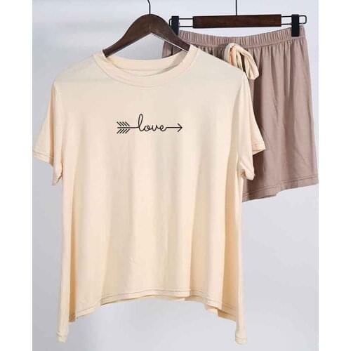 Hot Sale Female Pajama Set Womens Pajama Love You Print T Shirt Women Modal Lounge Wear Two Piece Set Brief Fashion Suits