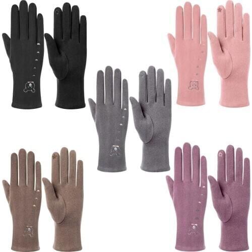 Ski Gloves Bear Embroidery Cold Waterproof Non-slip Warm 5-Finger Fashionable And Warm Female Winter Warm and Fashion Gloves