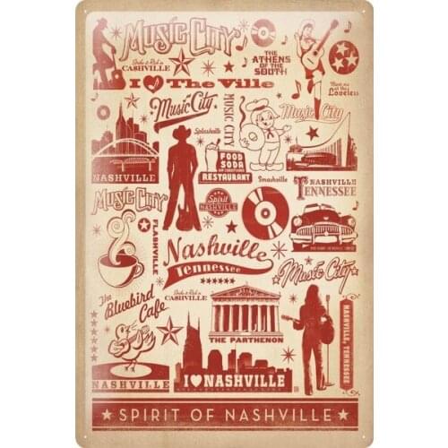 Retro Wall Art Metropole Spirit Of Nashville Music City Metal Plate Tin Sign Size 12X 8/ 12X 6 Inches
