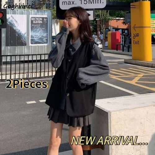 Fashion Sets Women Casual 2piece College Students Pure Loose Blusas Minimalist V-Neck Vests Pleated Skirts Japanese Style Trendy