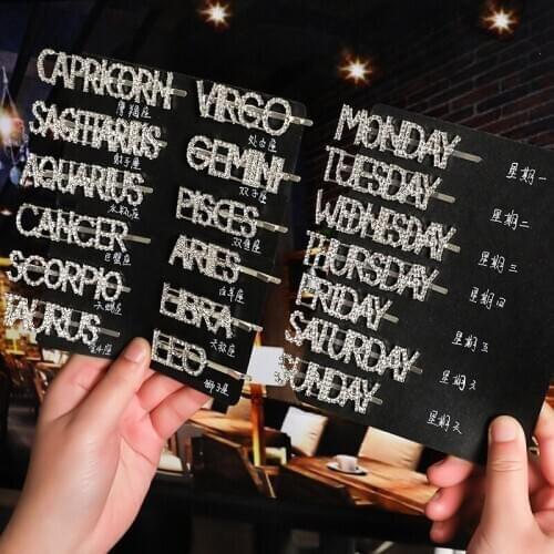 Fashion Korean Zodiac Week Letter Crystal Rhinestone Hair Clip Korean Hair Accessories Metal Gold English Word Hair Pins For Wom