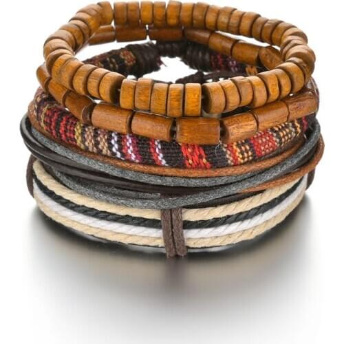 One Set Braided Wrap Leather Bracelets for Men Vintage Women Charm Wood Beads Ethnic Tribal Wristbands Jewelry