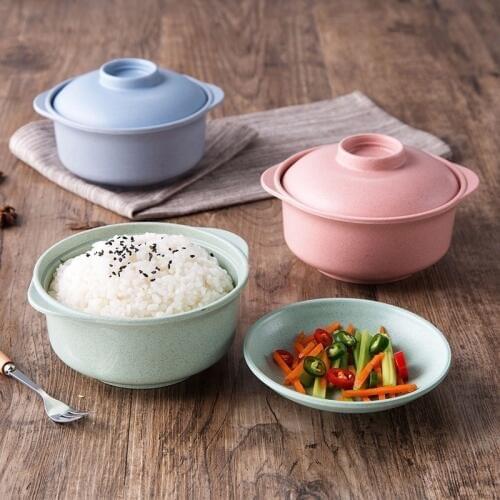 Lunch Tray Dishes Soup Bowl with Lid Dinnerware Tureens Pure Natural Wheat Straw Creative Salad Noodles Plate Plastic Tableware
