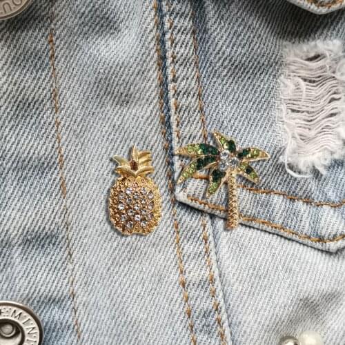 RSHCZY Vintage Pineapple Coconut Tree Brooches For Women Small Crystal Pin Fashion Dress Coat Accessories Cute Jewelry Gift