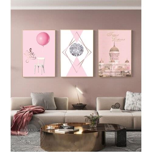 Nordic Retro Castle Poster Cute Pink Rose Canvas Print Girl Room Decor Wall Art Canvas Cans Love Balloon and Diamond Picture