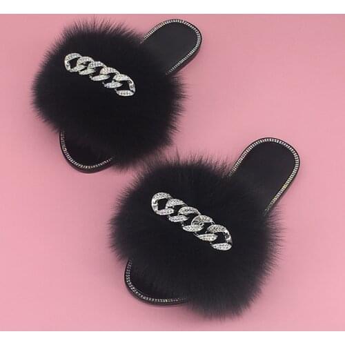 Fur Slippers Women Real Fox Fur Slides Crystal Slippers Jelly Summer Sandals Women Flats Flip Flops Women Beach Female Shoes New
