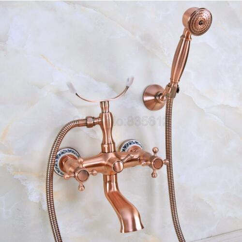 Antique Red Copper Bathtub Faucets Telephone Style Tub Mixer Taps Dual Handle Bathroom Bath Shower Faucet with Handshower tna361