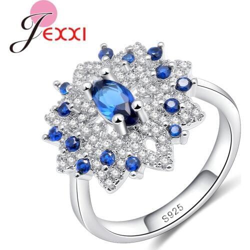 925 Sterling Silver Wedding Jewelry Blue CZ Cubic Zirconia Crystal Finger Rings Flower Shape Anel Top Quality Wholesale