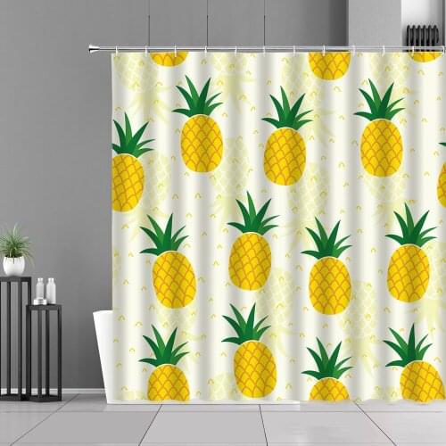 Tropical Fruit And Animal Shower Curtains Lemon Green Leaves Fresh Pineapple Watermelon Flamingo Home Decor Bathroom Curtains
