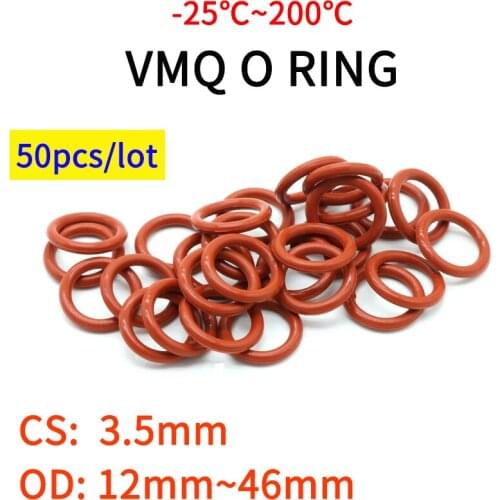 50pcs VMQ O Ring Seal Gasket Thickness CS 3.5mm OD 12 ~ 46mm Silicone Rubber Insulated Waterproof Washer Round Shape Nontoxi Red