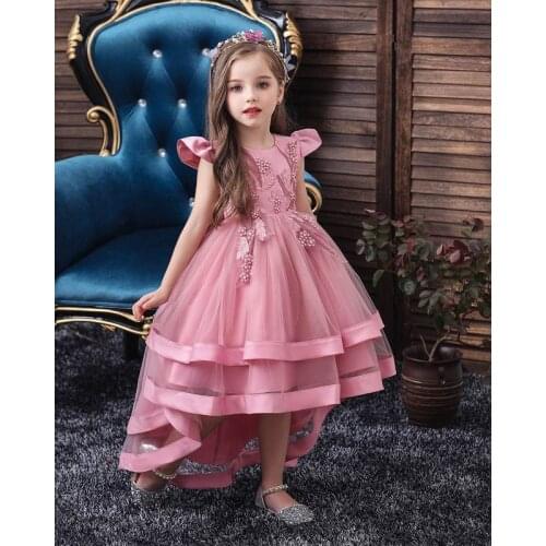 High Low Party Dress Fluffy Tulle Embroidery Performance Girl Dress for Wedding Show Baby Clothes 3-12Y E5018